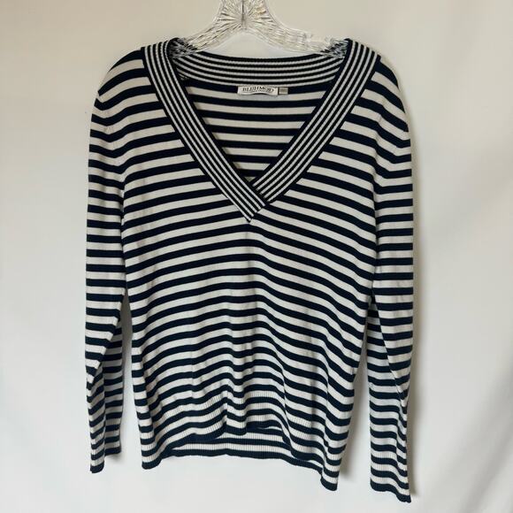 BLUHMOD Women Blue and White Striped V-Neck Sweater Size XL - Picture 1 of 6
